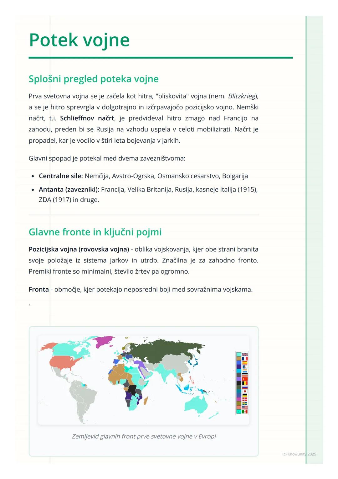 # Potek vojne

Splošni pregled poteka vojne

Prva svetovna vojna se je začela kot hitra, "bliskovita" vojna (nem. Blitzkrieg),
a se je hitro