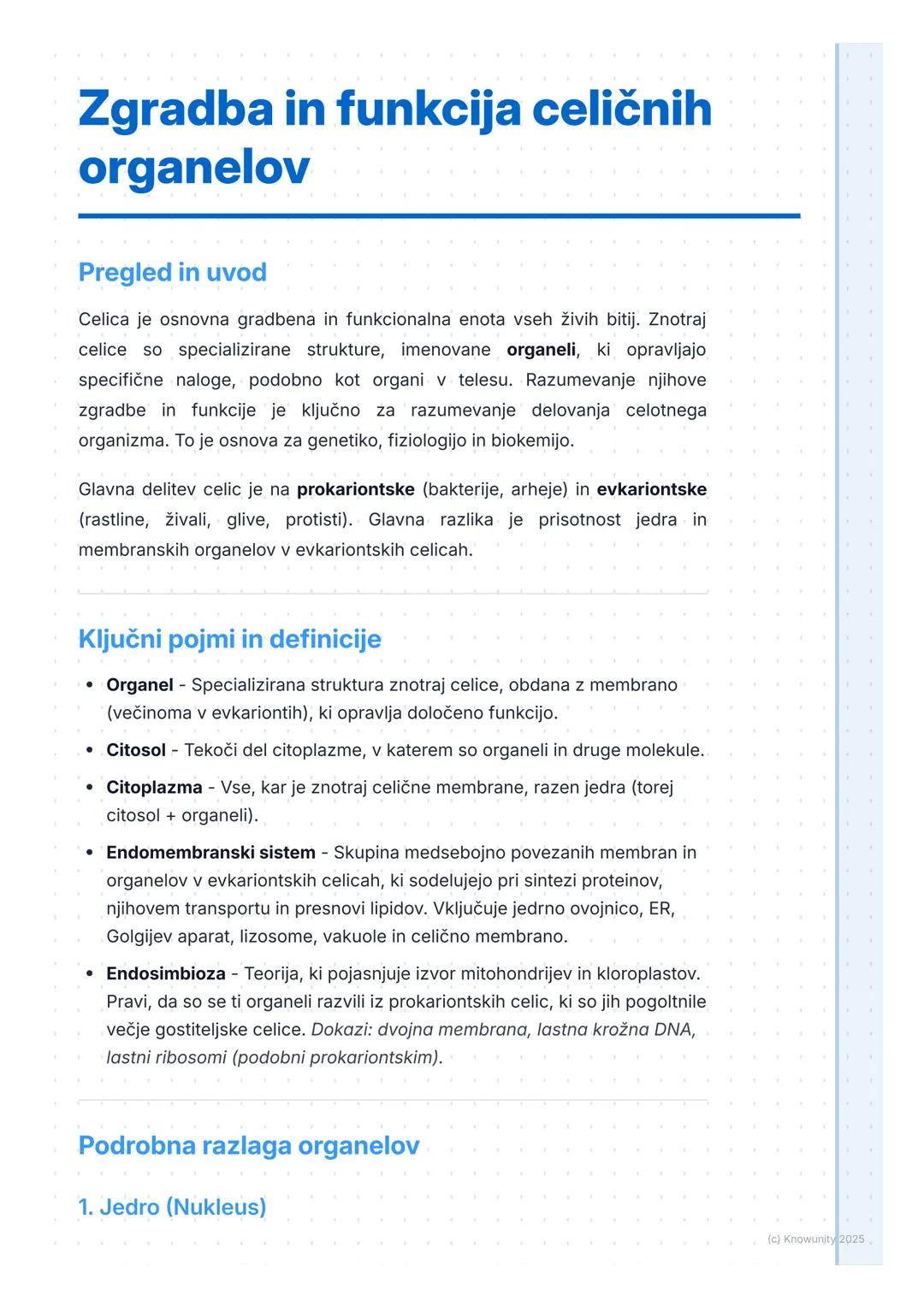 # Zgradba in funkcija celičnih
organelov

Pregled in uvod

Celica je osnovna gradbena in funkcionalna enota vseh živih bitij. Znotraj
celice