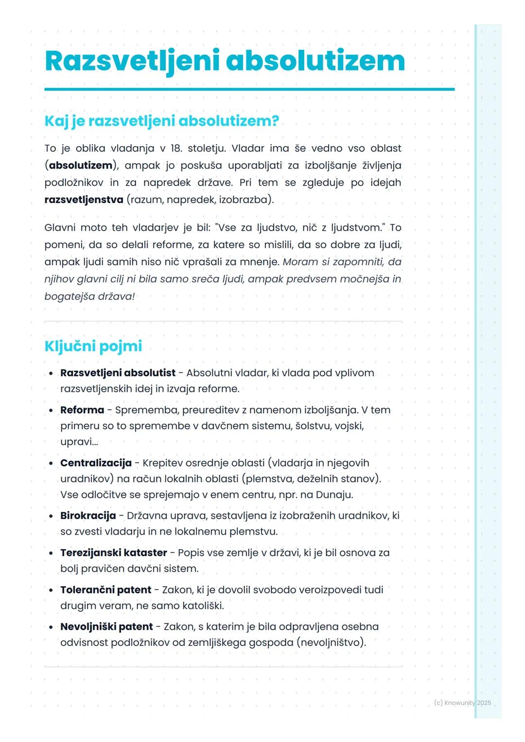 # Razsvetljeni absolutizem

## Kaj je razsvetljeni absolutizem?

To je oblika vladanja v 18. stoletju. Vladar ima še vedno vso oblast
(absol