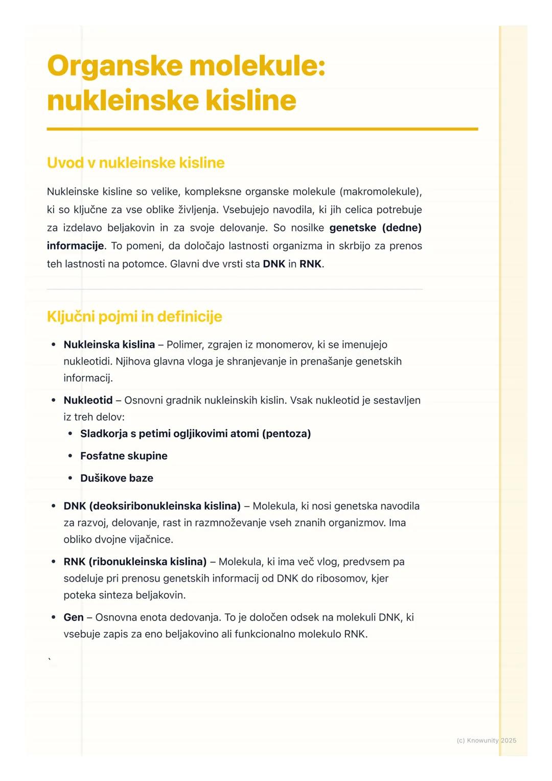 # Organske molekule:
nukleinske kisline

Uvod v nukleinske kisline

Nukleinske kisline so velike, kompleksne organske molekule (makromolekul