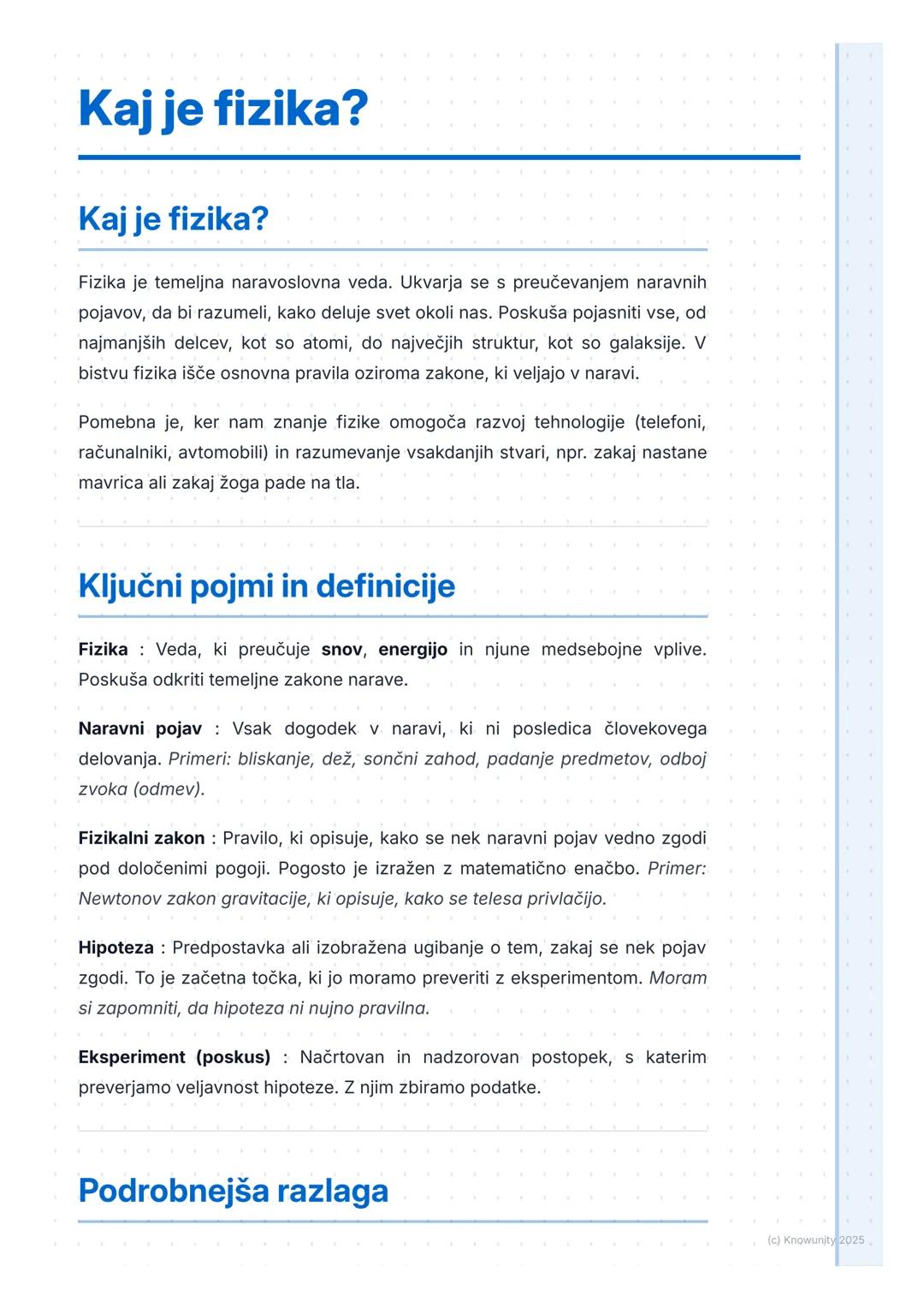 # Kaj je fizika?

## Kaj je fizika?

Fizika je temeljna naravoslovna veda. Ukvarja se s preučevanjem naravnih
pojavov, da bi razumeli, kako 