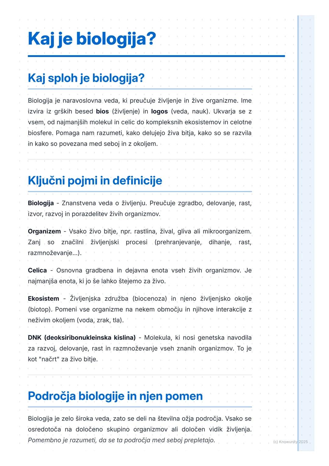 # Kaj je biologija?

## Kaj sploh je biologija?

Biologija je naravoslovna veda, ki preučuje življenje in žive organizme. Ime
izvira iz gršk