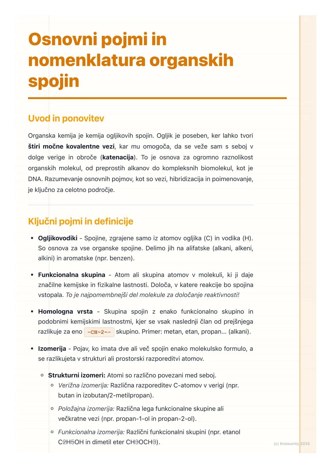 # Osnovni pojmi in
nomenklatura organskih
spojin

Uvod in ponovitev

Organska kemija je kemija ogljikovih spojin. Ogljik je poseben, ker lah