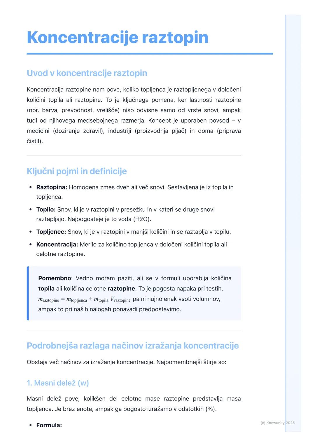 # Koncentracije raztopin

Uvod v koncentracije raztopin

Koncentracija raztopine nam pove, koliko topljenca je raztopljenega v določeni
koli