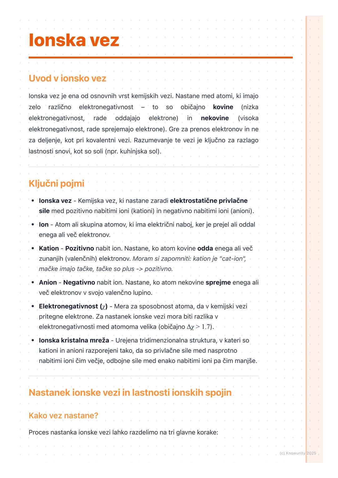 # lonska vez

Uvod v ionsko vez

lonska vez je ena od osnovnih vrst kemijskih vezi. Nastane med atomi, ki imajo
zelo različno elektronegativ