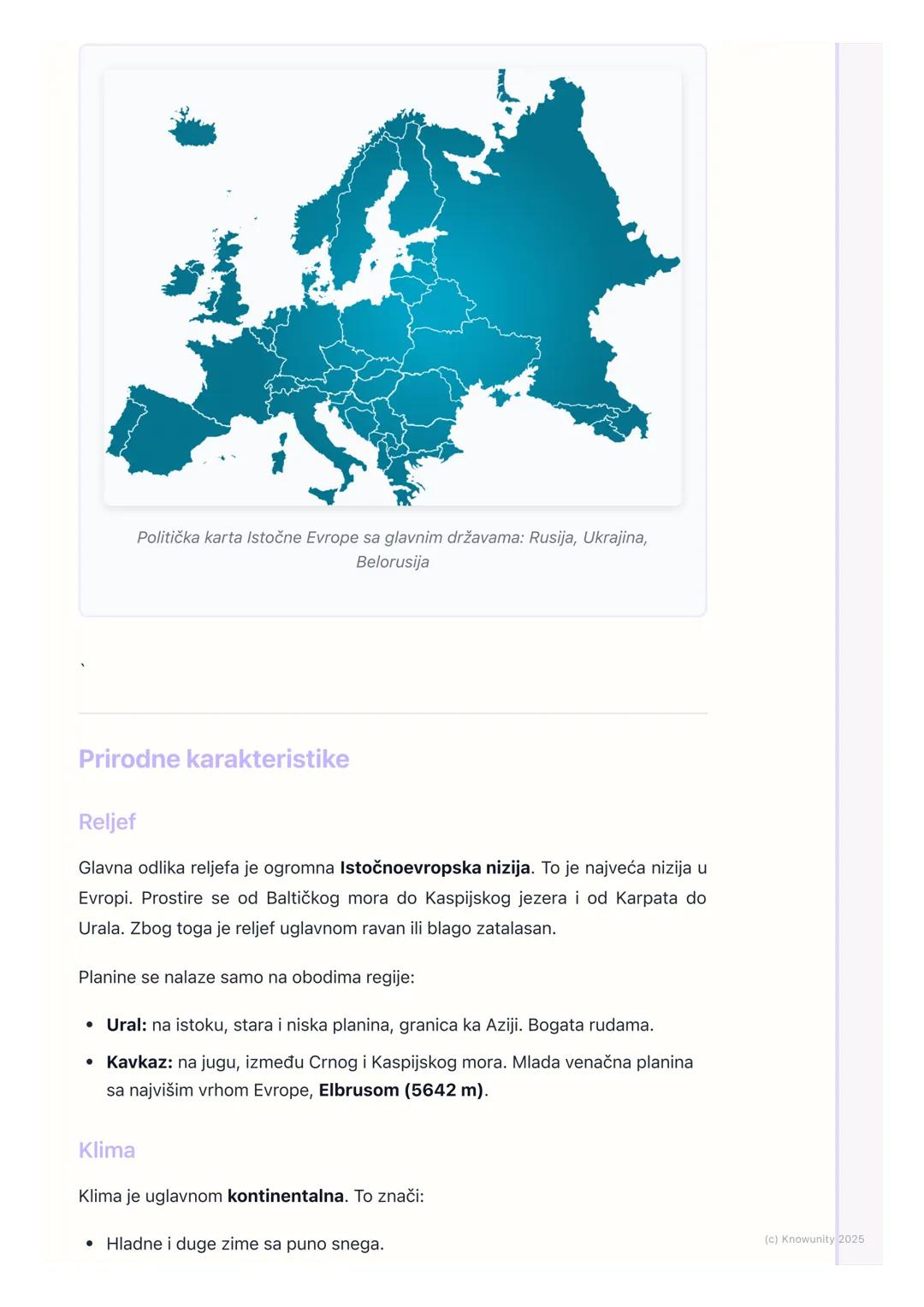 # Opšte karakteristike Istočne
Evrope

Opšte odlike i položaj

Istočna Evropa je najveći region Evrope po površini. Zauzima skoro polovinu
c