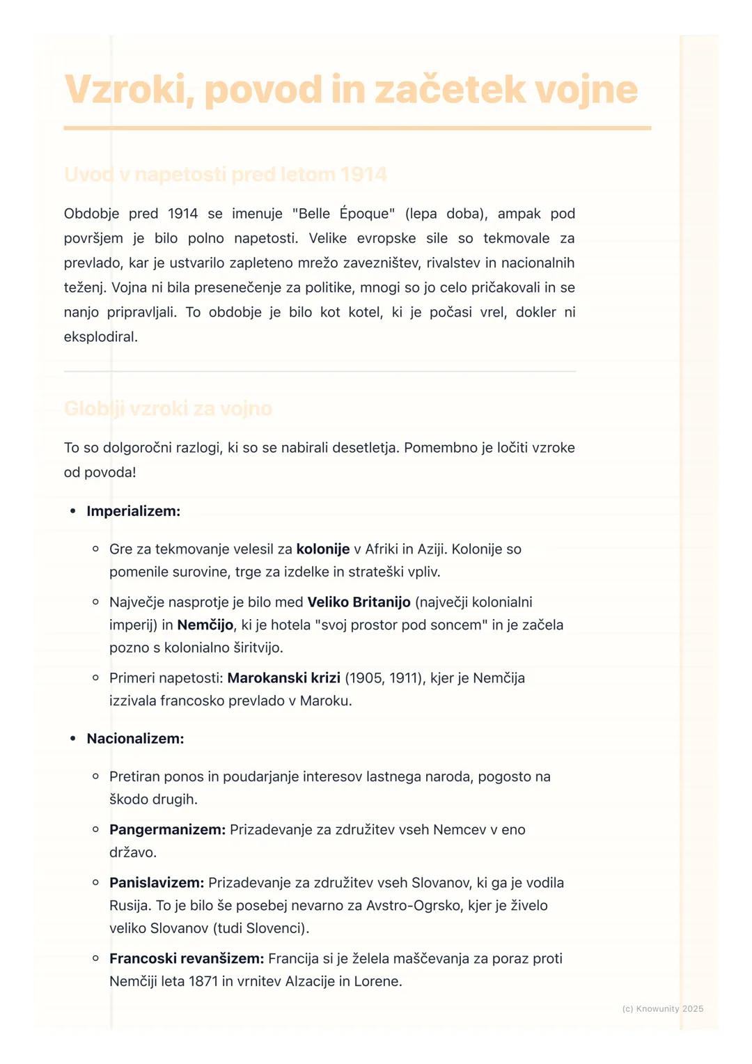# Vzroki, povod in začetek vojne

Uvod v napetosti pred letom 1914

Obdobje pred 1914 se imenuje "Belle Époque" (lepa doba), ampak pod
površ