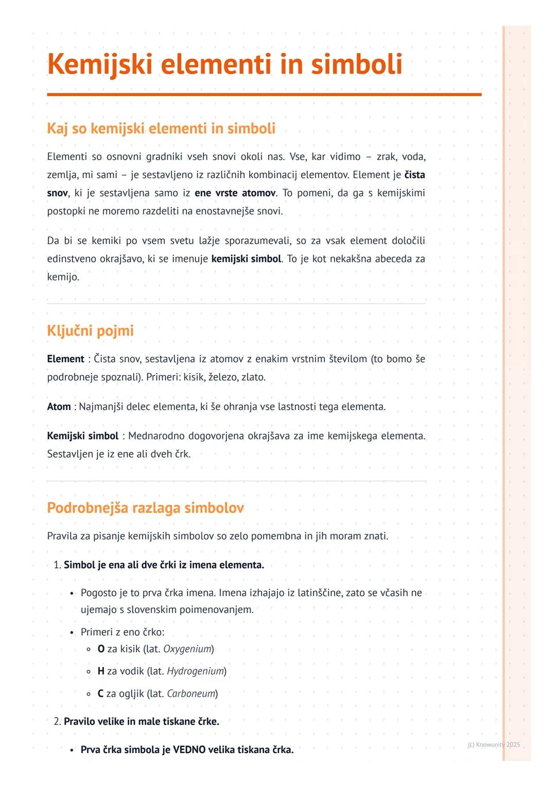 # Kemijski elementi in simboli

Kaj so kemijski elementi in simboli

Elementi so osnovni gradniki vseh snovi okoli nas. Vse, kar vidimo - zr