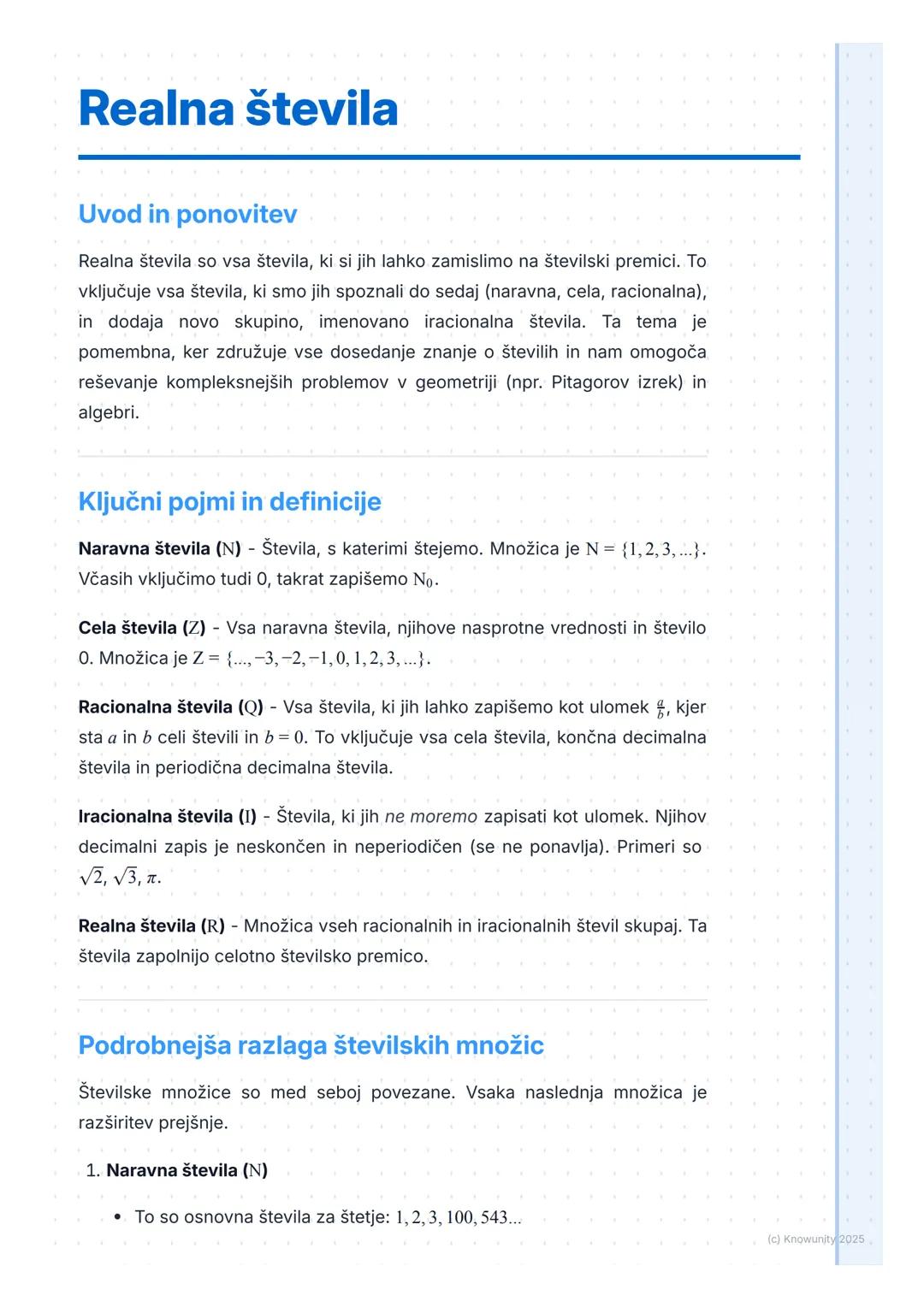 # Realna števila

Uvod in ponovitev

Realna števila so vsa števila, ki si jih lahko zamislimo na številski premici. To
vključuje vsa števila