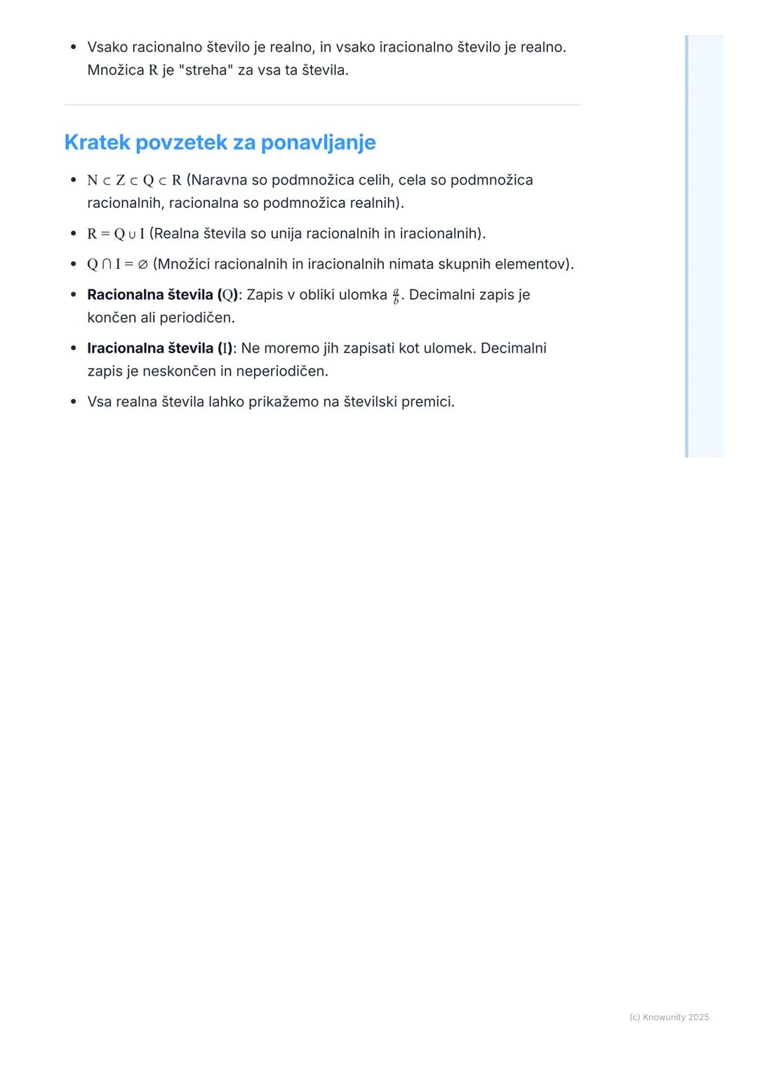 # Realna števila

Uvod in ponovitev

Realna števila so vsa števila, ki si jih lahko zamislimo na številski premici. To
vključuje vsa števila