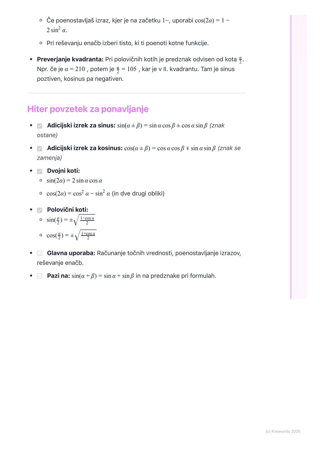 # Adicijski izreki in formule

Uvod v adicijske izreke

Adicijski izreki so formule v trigonometriji, ki nam omogočajo izračunati
vrednosti 