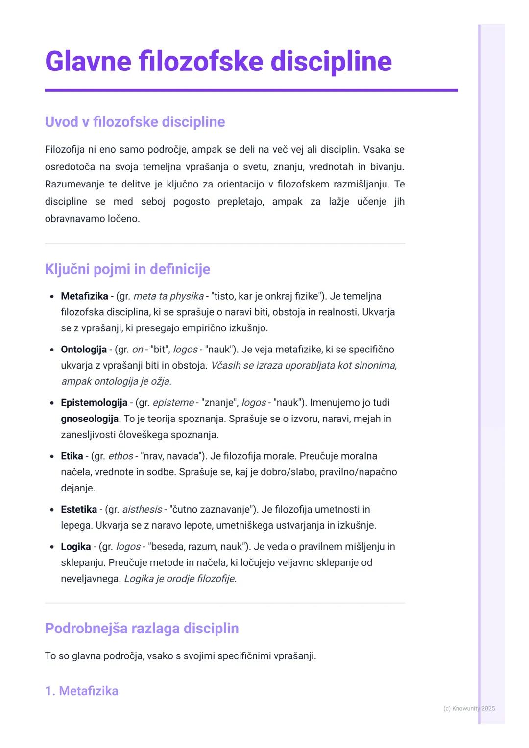 # Glavne filozofske discipline

Uvod v filozofske discipline

Filozofija ni eno samo področje, ampak se deli na več vej ali disciplin. Vsaka