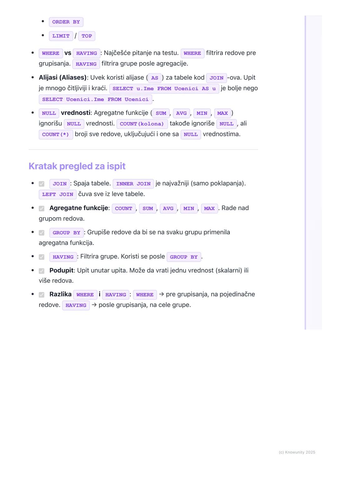 # Napredni SQL upiti

Uvod u napredne SQL upite

Do sada smo radili osnovne `SELECT`, `FROM`, `WHERE` upite za izvlačenje
podataka iz jedne 