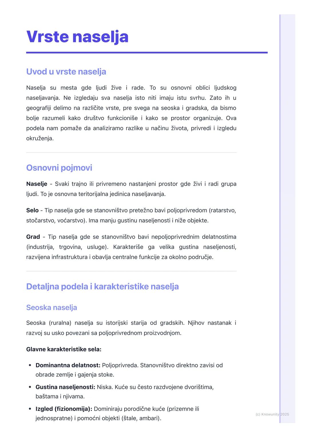 # Vrste naselja

Uvod u vrste naselja

Naselja su mesta gde ljudi žive i rade. To su osnovni oblici ljudskog
naseljavanja. Ne izgledaju sva 