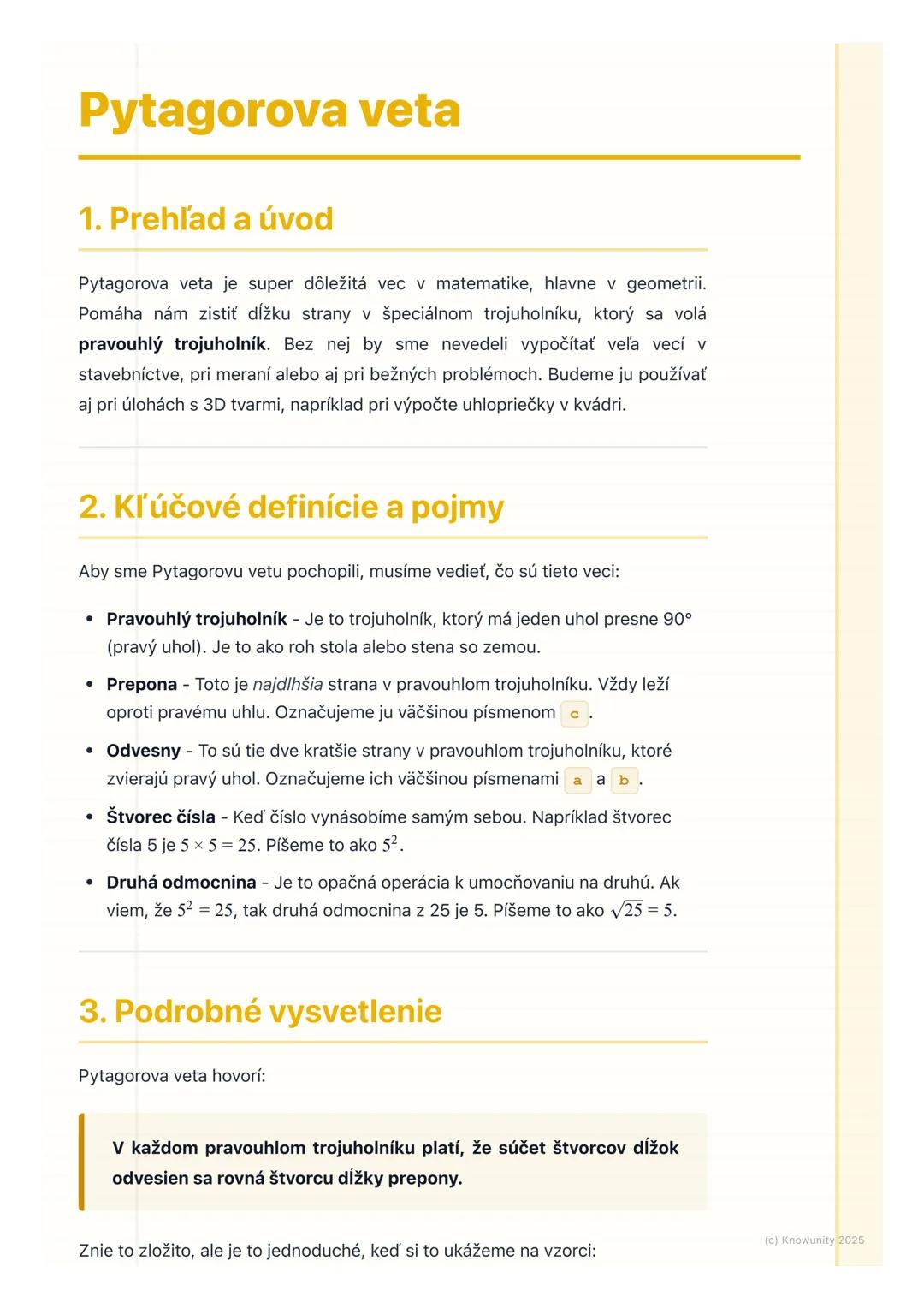 # Pytagorova veta

1. Prehľad a úvod

Pytagorova veta je super dôležitá vec v matematike, hlavne v geometrii.
Pomáha nám zistiť dĺžku strany