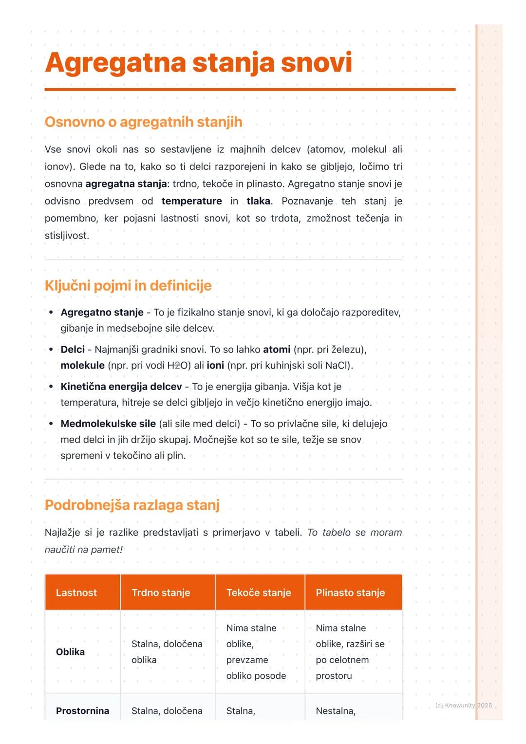 # Agregatna stanja snovi

Osnovno o agregatnih stanjih

Vse snovi okoli nas so sestavljene iz majhnih delcev (atomov, molekul ali
ionov). Gl