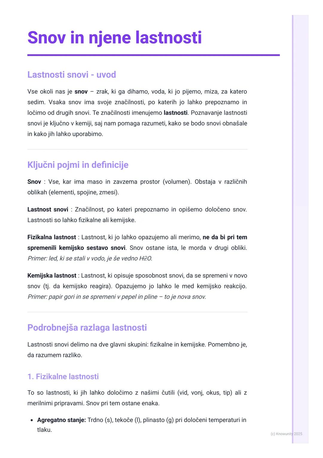 # Snov in njene lastnosti

Lastnosti snovi - uvod

Vse okoli nas je snov zrak, ki ga dihamo, voda, ki jo pijemo, miza, za katero
sedim. Vsak