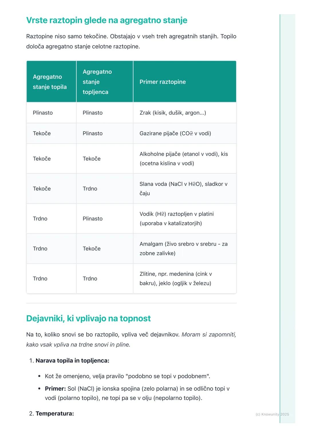 # Vrste raztopin in topnost

Uvod v raztopine in topnost

Raztopine so homogene zmesi dveh ali več snovi. To pomeni, da so sestavine
enakome