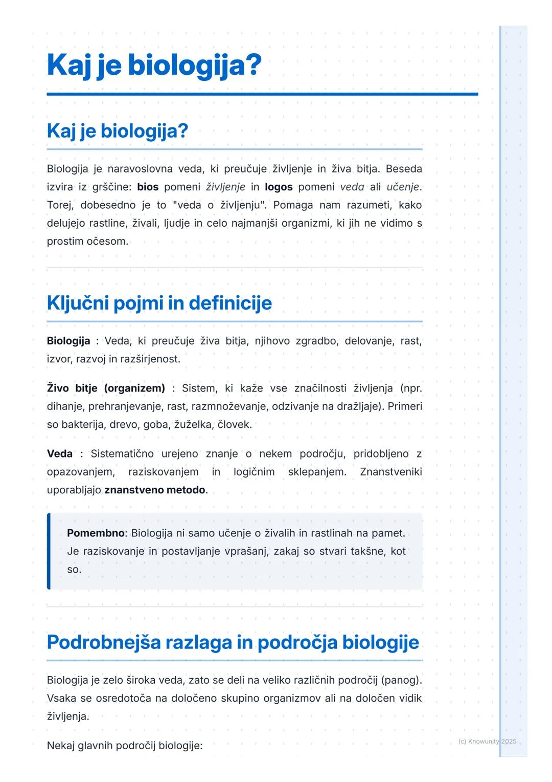 # Kaj je biologija?

Kaj je biologija?

Biologija je naravoslovna veda, ki preučuje življenje in živa bitja. Beseda
izvira iz grščine: bios 
