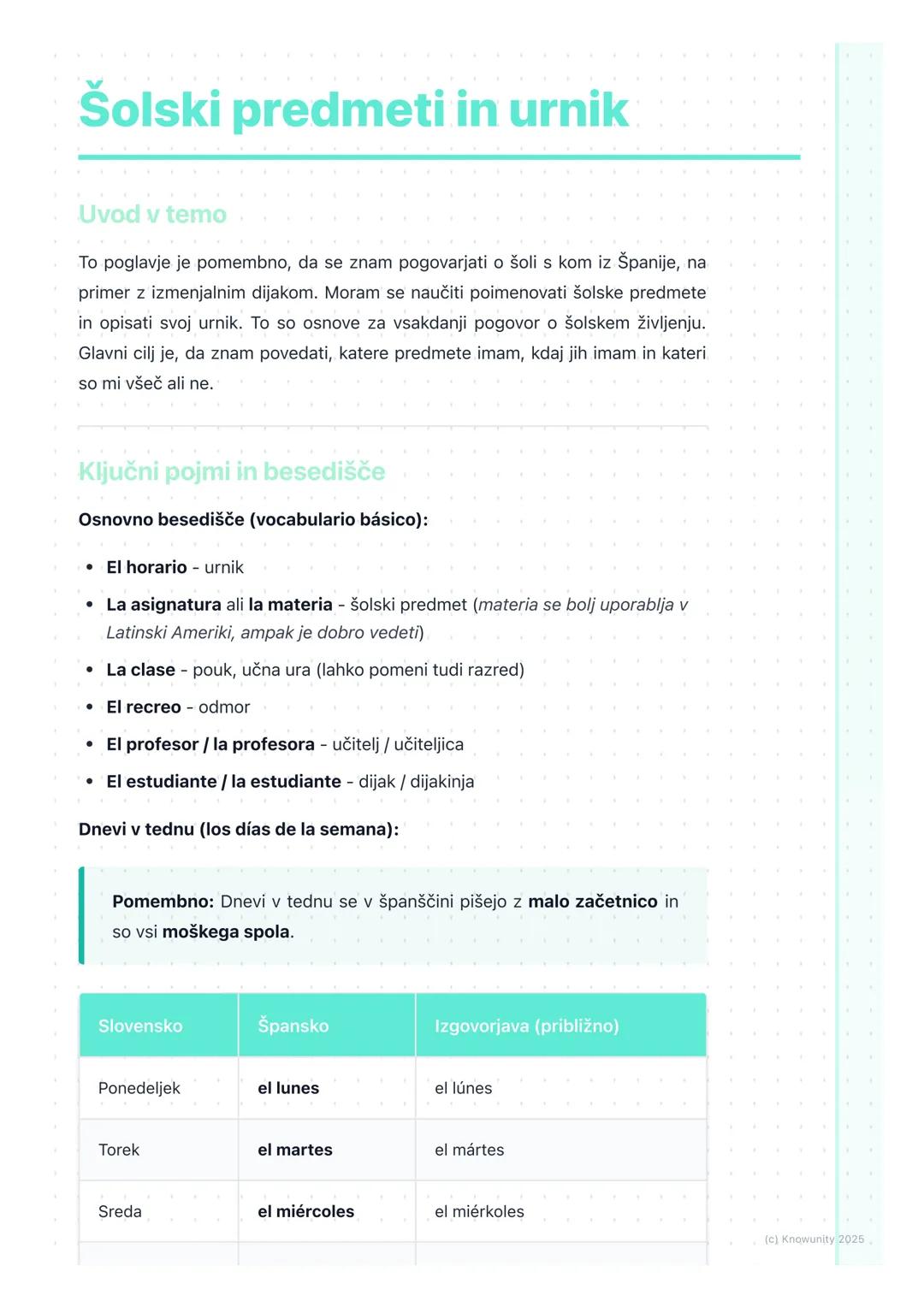 # Šolski predmeti in urnik

Uvod v temo

To poglavje je pomembno, da se znam pogovarjati o šoli s kom iz Španije, na
primer z izmenjalnim di