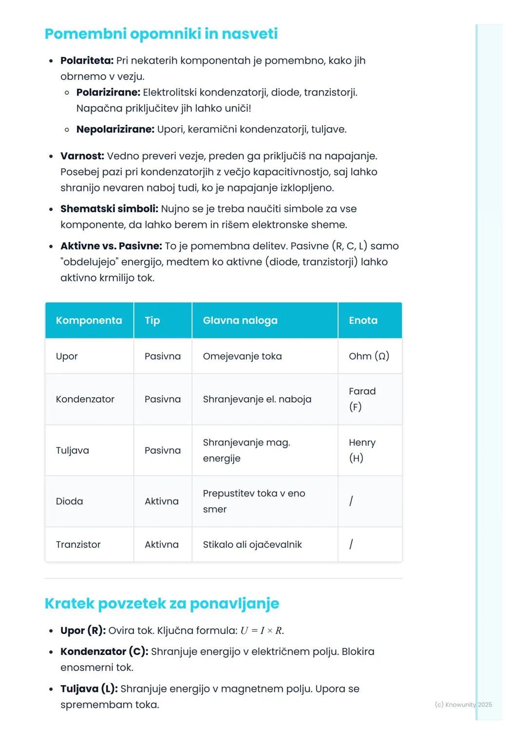 # Osnovne elektronske
komponente

Uvod v osnovne elektronske komponente

Elektronske komponente so osnovni gradniki vseh elektronskih naprav