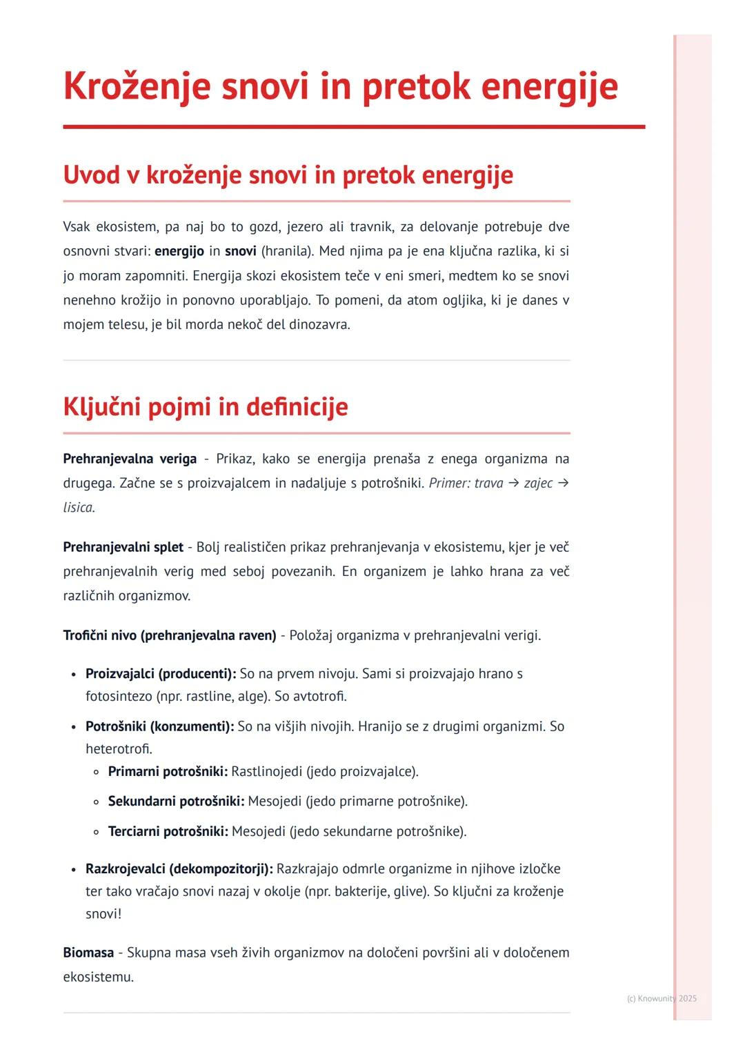 # Kroženje snovi in pretok energije

## Uvod v kroženje snovi in pretok energije

Vsak ekosistem, pa naj bo to gozd, jezero ali travnik, za 