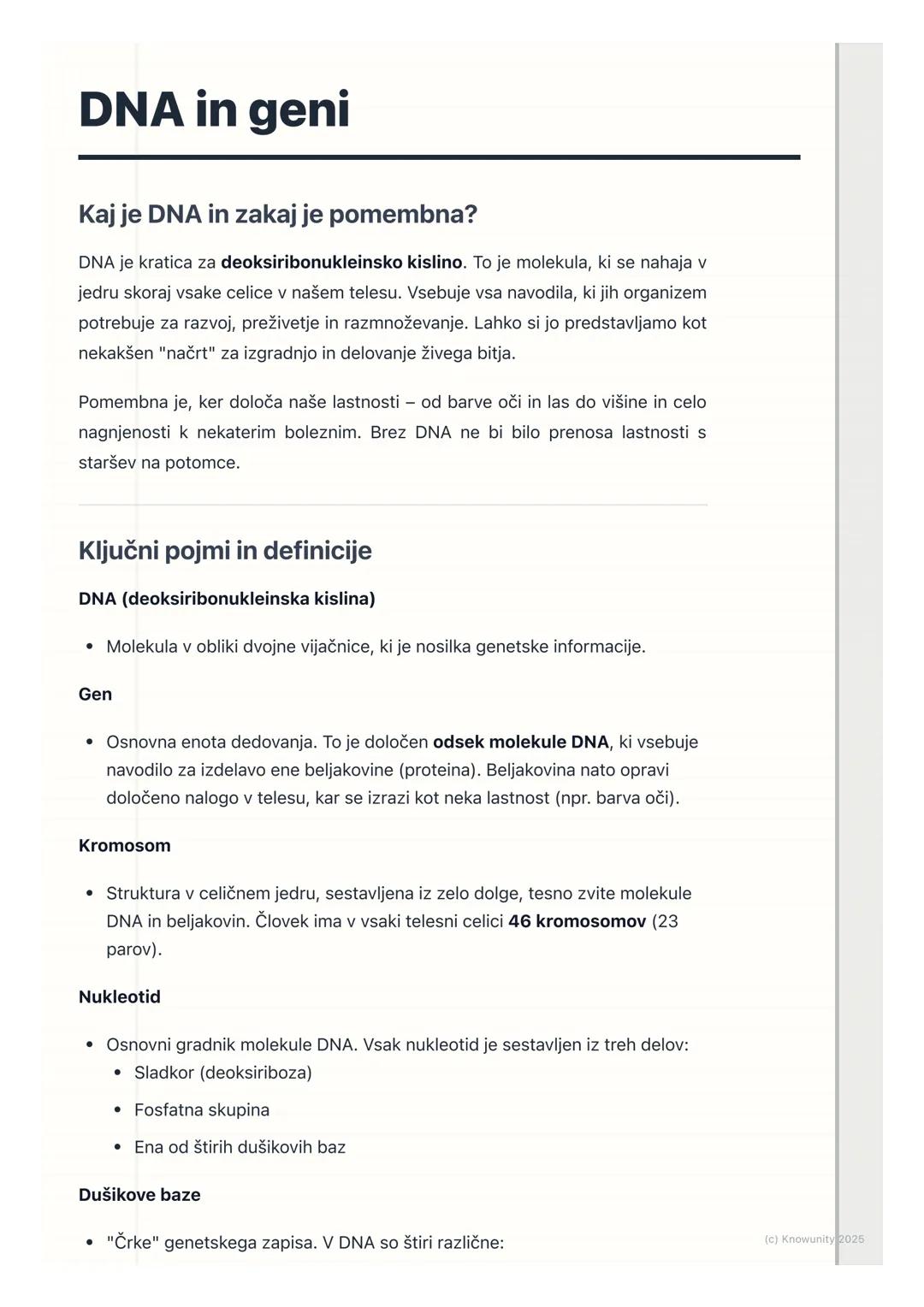 # DNA in geni

Kaj je DNA in zakaj je pomembna?

DNA je kratica za deoksiribonukleinsko kislino. To je molekula, ki se nahaja v
jedru skoraj