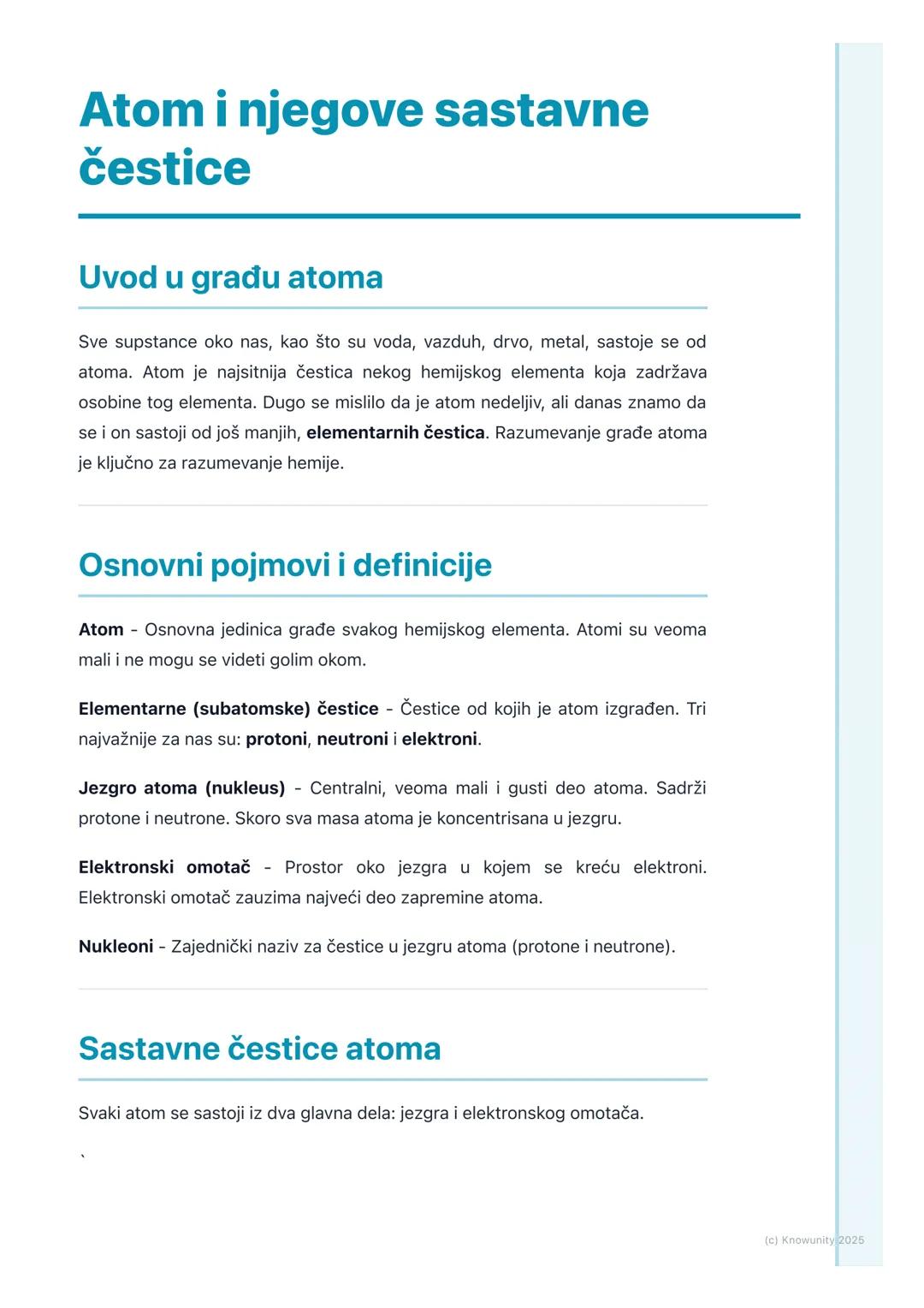 # Atom i njegove sastavne
čestice

## Uvod u građu atoma

Sve supstance oko nas, kao što su voda, vazduh, drvo, metal, sastoje se od
atoma. 
