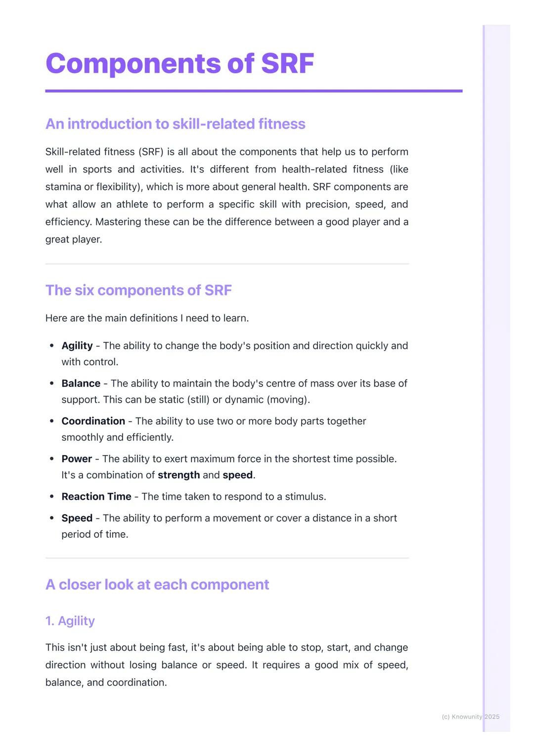 # Components of SRF

An introduction to skill-related fitness

Skill-related fitness (SRF) is all about the components that help us to perfo