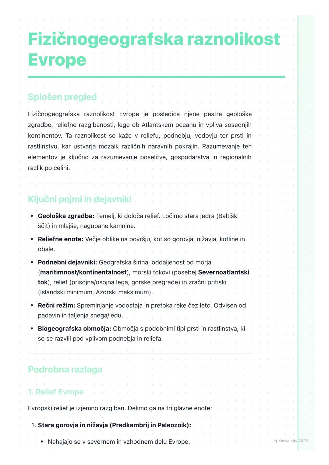 # Fizičnogeografska raznolikost
# Evrope

Splošen pregled

Fizičnogeografska raznolikost Evrope je posledica njene pestre geološke
zgradbe, 