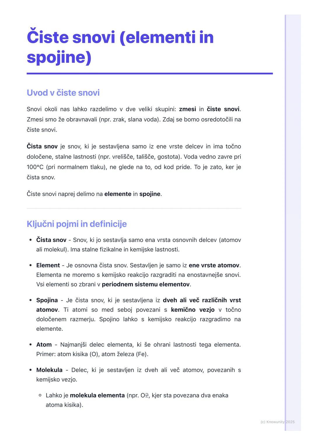 # Čiste snovi (elementi in
spojine)

Uvod v čiste snovi

Snovi okoli nas lahko razdelimo v dve veliki skupini: zmesi in čiste snovi.
Zmesi s