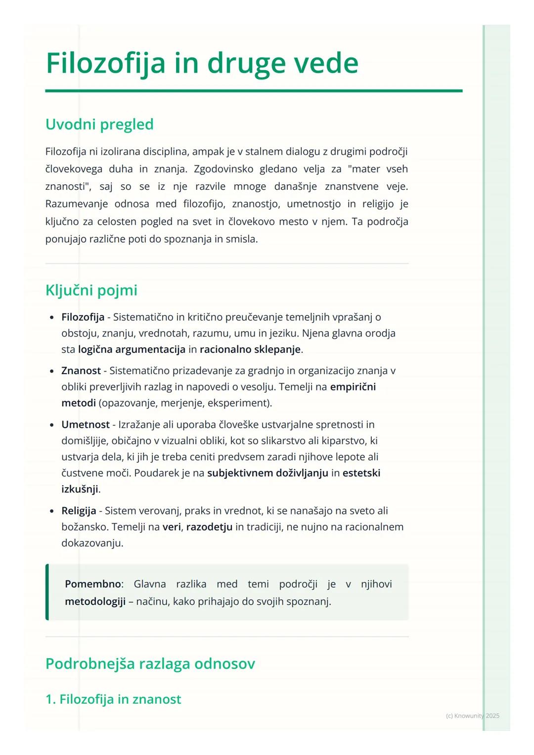 # Filozofija in druge vede

Uvodni pregled

Filozofija ni izolirana disciplina, ampak je v stalnem dialogu z drugimi področji
človekovega du