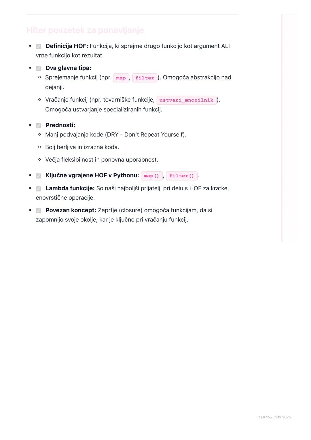 # Funkcije višjega reda

Uvod v funkcije višjega reda

Funkcije višjega reda so preprosto funkcije, ki delujejo z drugimi funkcijami. To
pom