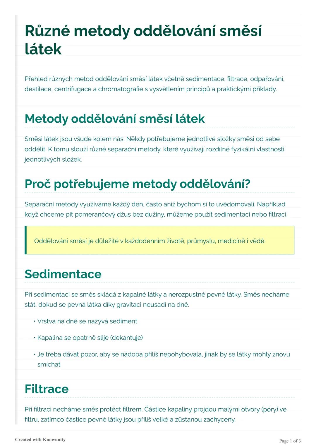 Různé metody oddělování směsí
látek
Přehled různých metod oddělování směsí látek včetně sedimentace, filtrace, odpařování,
destillace, centr