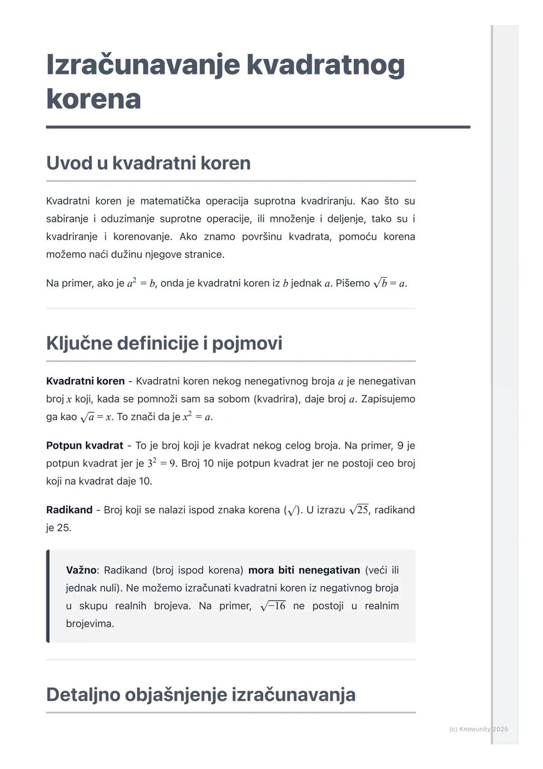 # Izračunavanje kvadratnog
korena

Uvod u kvadratni koren

Kvadratni koren je matematička operacija suprotna kvadriranju. Kao što su
sabiran