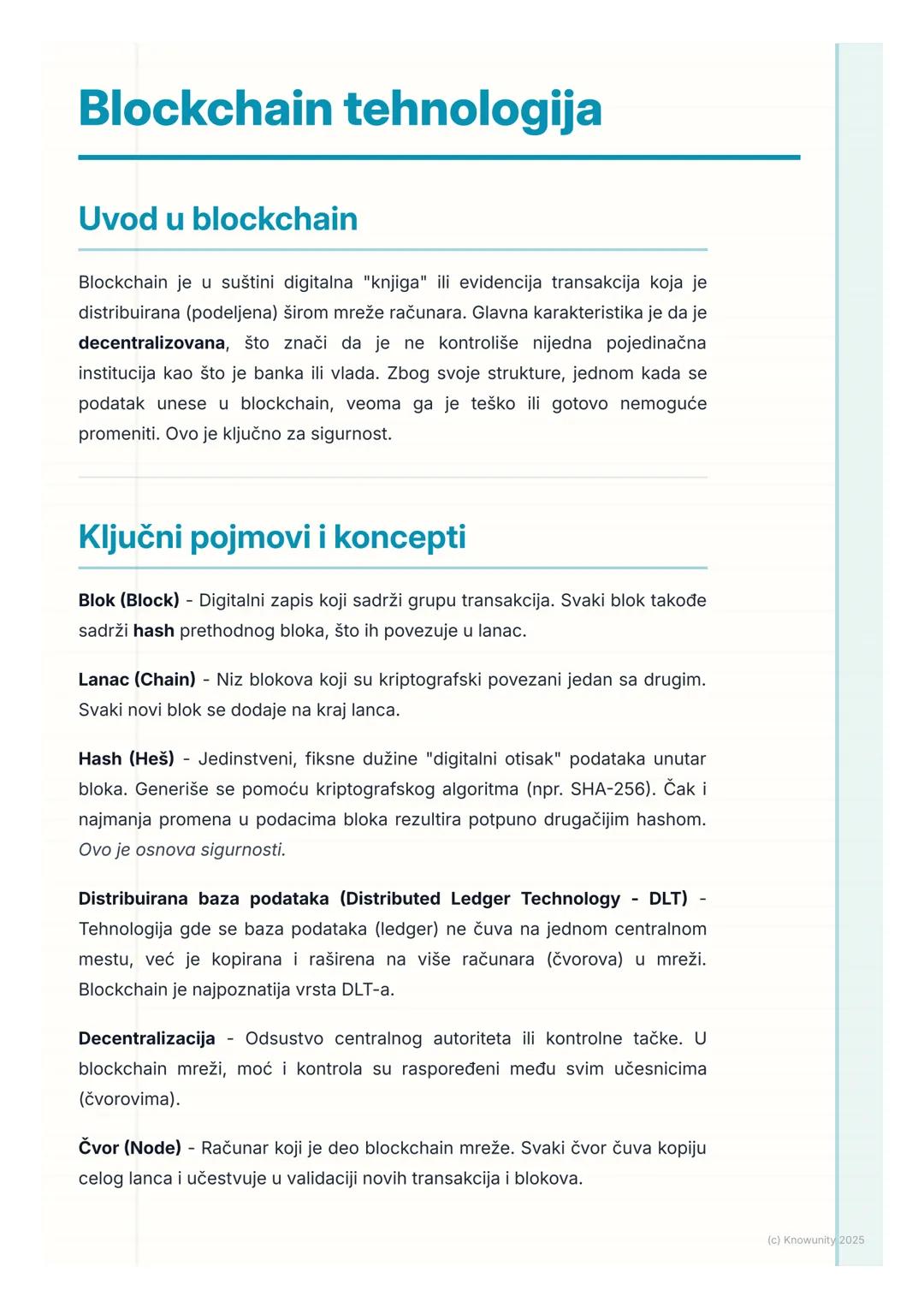 # Blockchain tehnologija

## Uvod u blockchain

Blockchain je u suštini digitalna "knjiga" ili evidencija transakcija koja je
distribuirana 