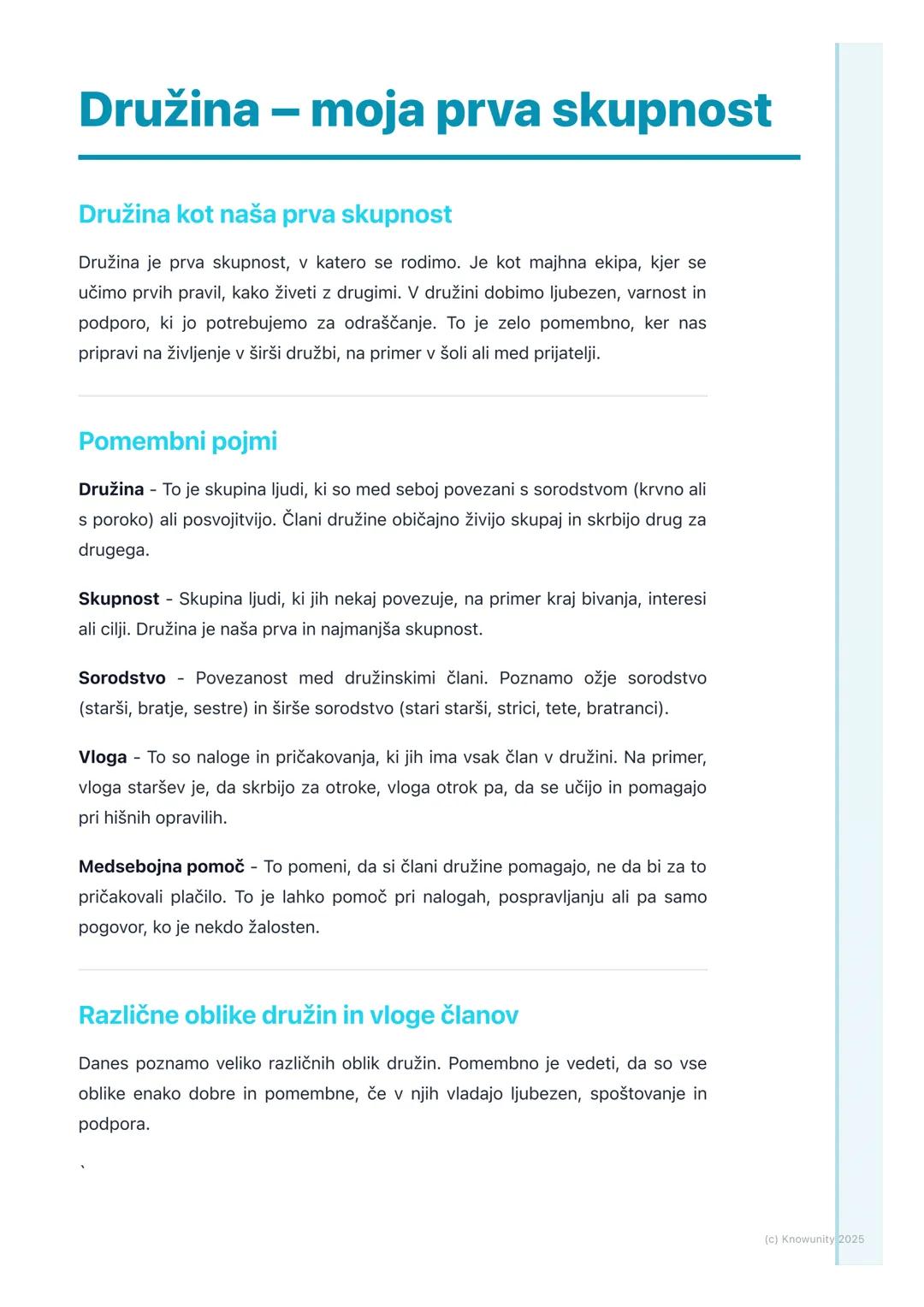 # Družina - moja prva skupnost

## Družina kot naša prva skupnost

Družina je prva skupnost, v katero se rodimo. Je kot majhna ekipa, kjer s
