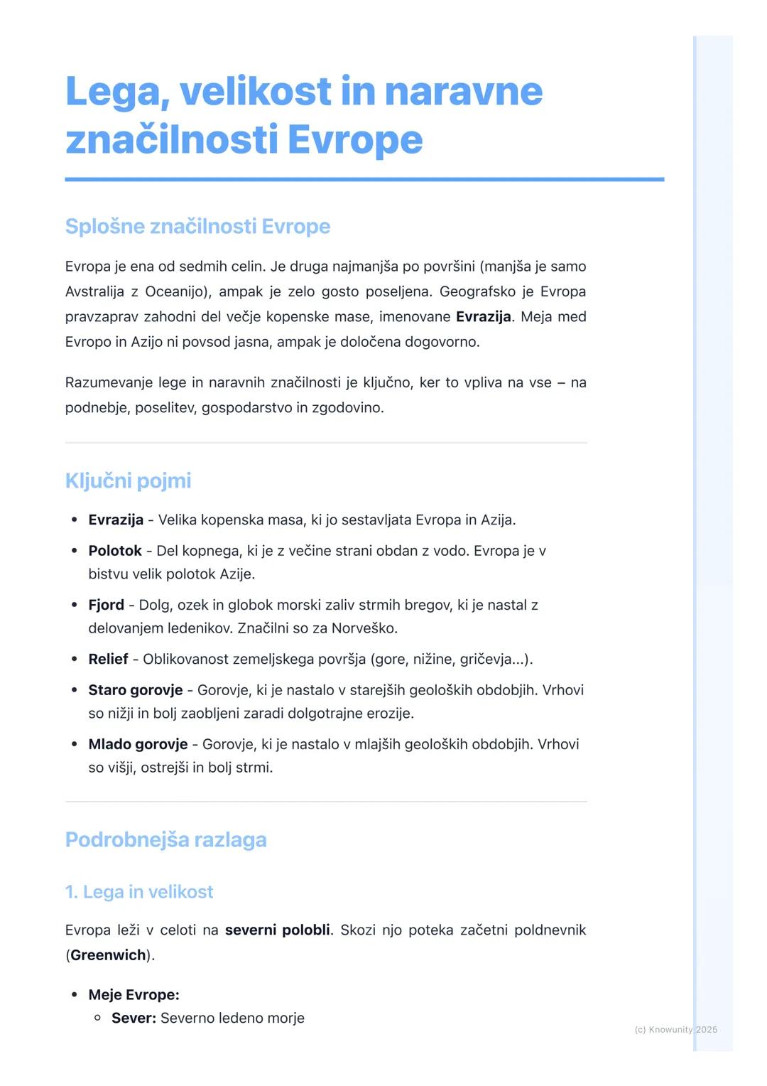 # Lega, velikost in naravne
značilnosti Evrope

Splošne značilnosti Evrope

Evropa je ena od sedmih celin. Je druga najmanjša po površini (m