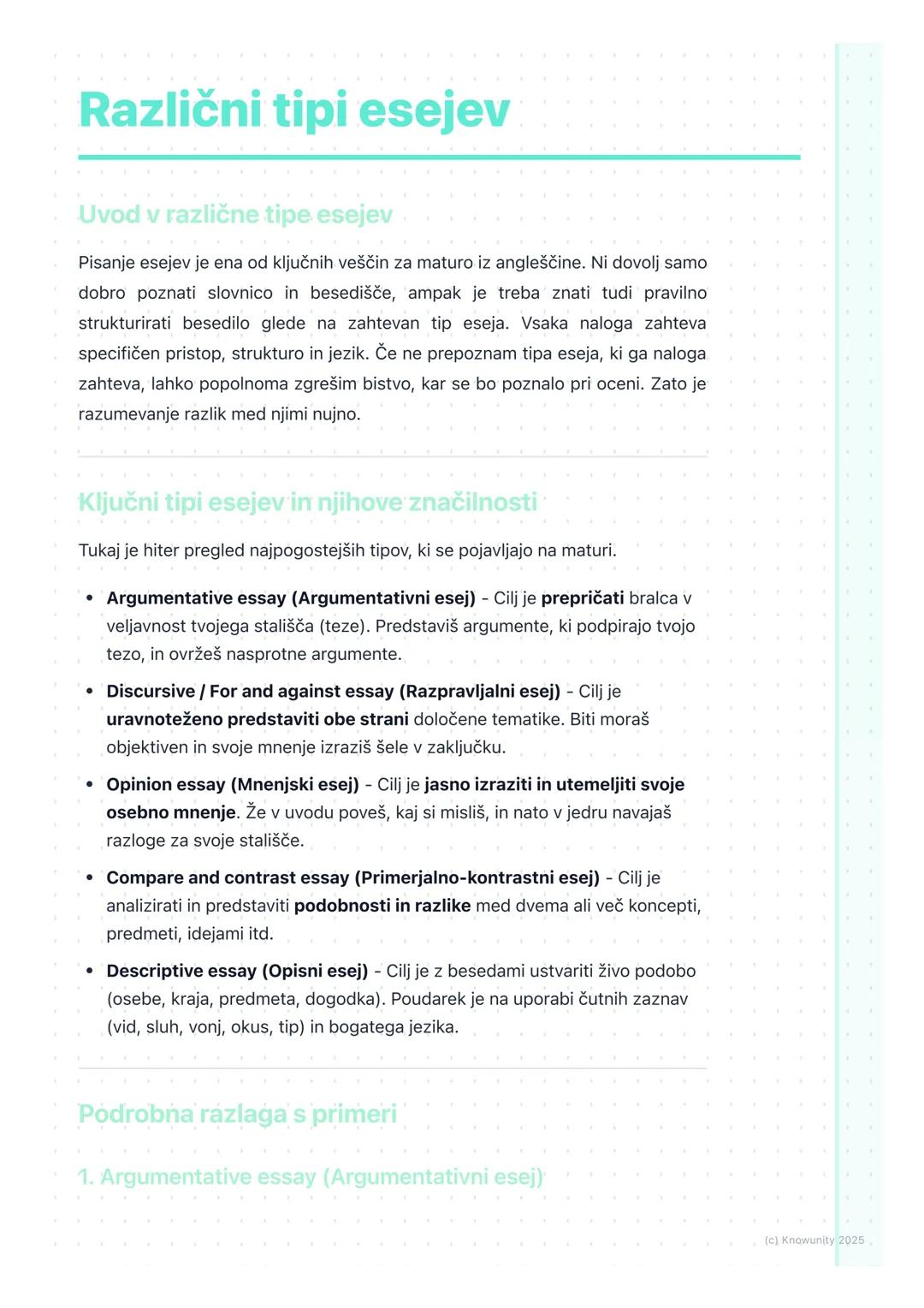 # Različni tipi esejev

Uvod v različne tipe esejev

Pisanje esejev je ena od ključnih veščin za maturo iz angleščine. Ni dovolj samo
dobro 
