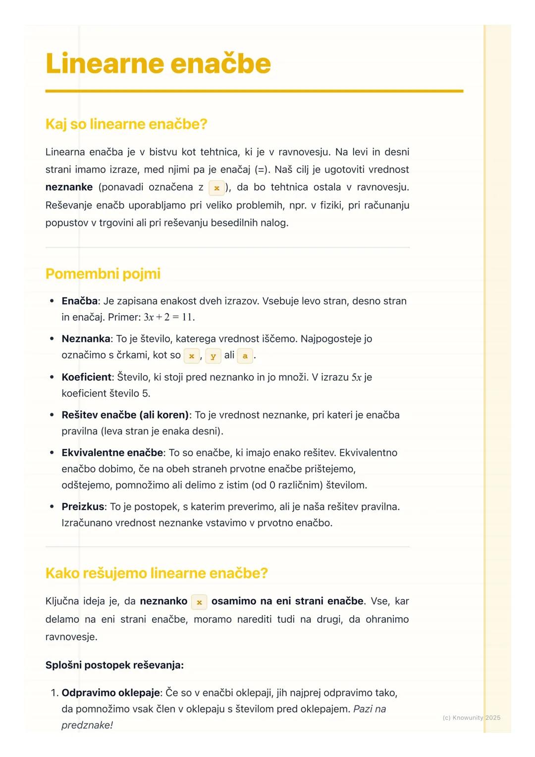 # Linearne enačbe

Kaj so linearne enačbe?

Linearna enačba je v bistvu kot tehtnica, ki je v ravnovesju. Na levi in desni
strani imamo izra