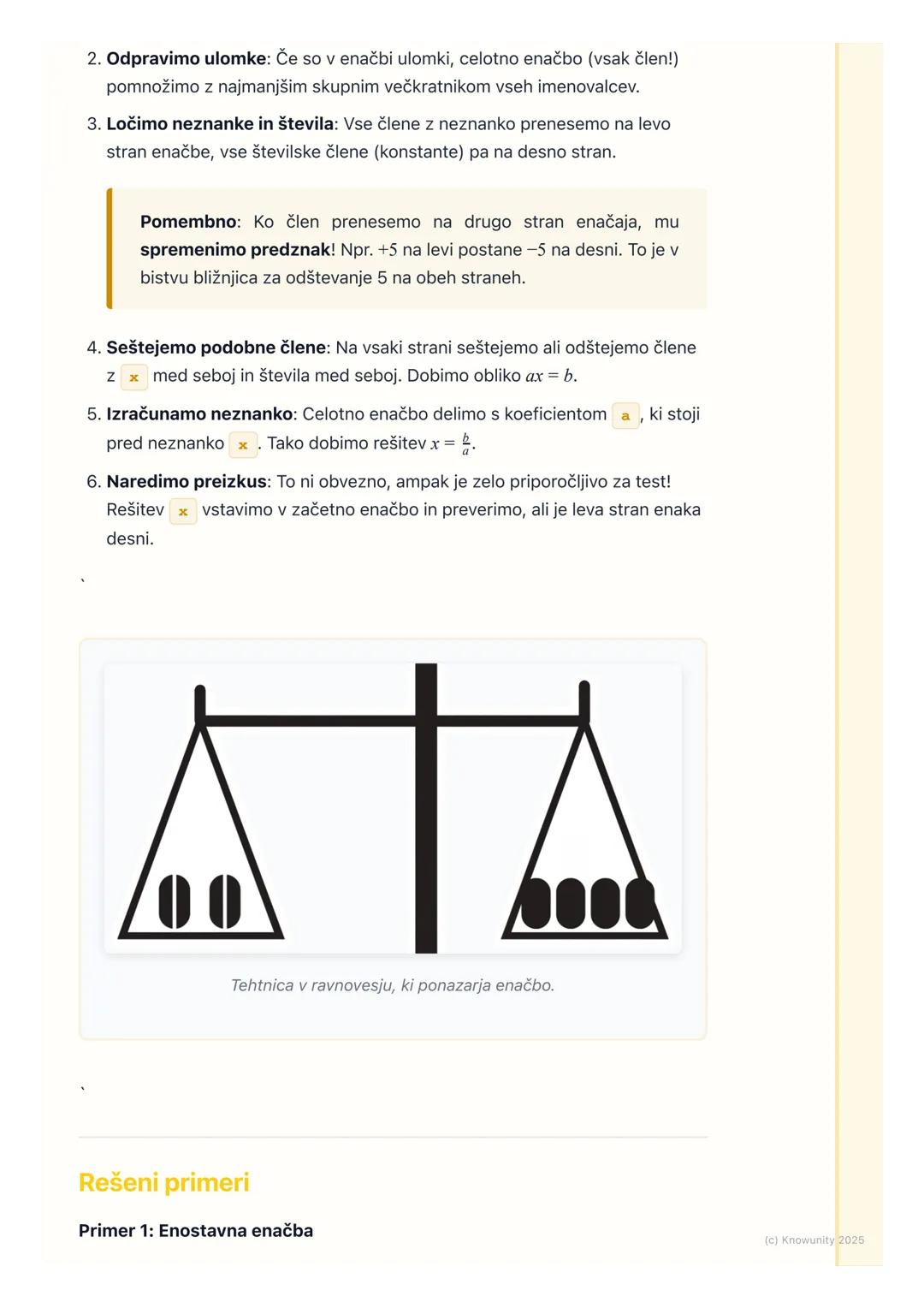 # Linearne enačbe

Kaj so linearne enačbe?

Linearna enačba je v bistvu kot tehtnica, ki je v ravnovesju. Na levi in desni
strani imamo izra