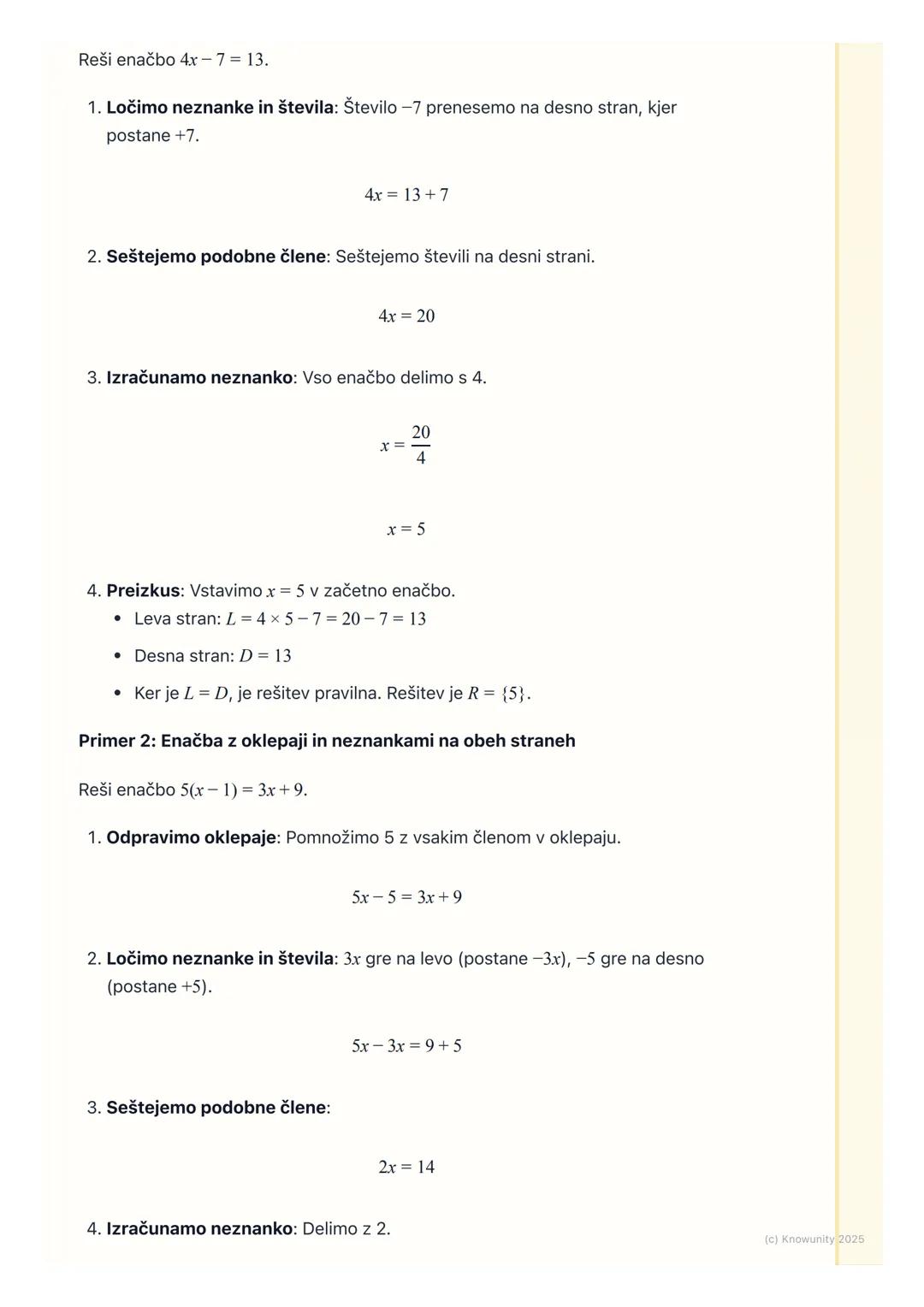 # Linearne enačbe

Kaj so linearne enačbe?

Linearna enačba je v bistvu kot tehtnica, ki je v ravnovesju. Na levi in desni
strani imamo izra