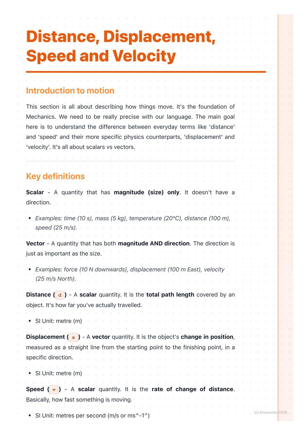 # Distance, Displacement, Speed and Velocity

Introduction to motion

This section is all about describing how things move. It's the foundat