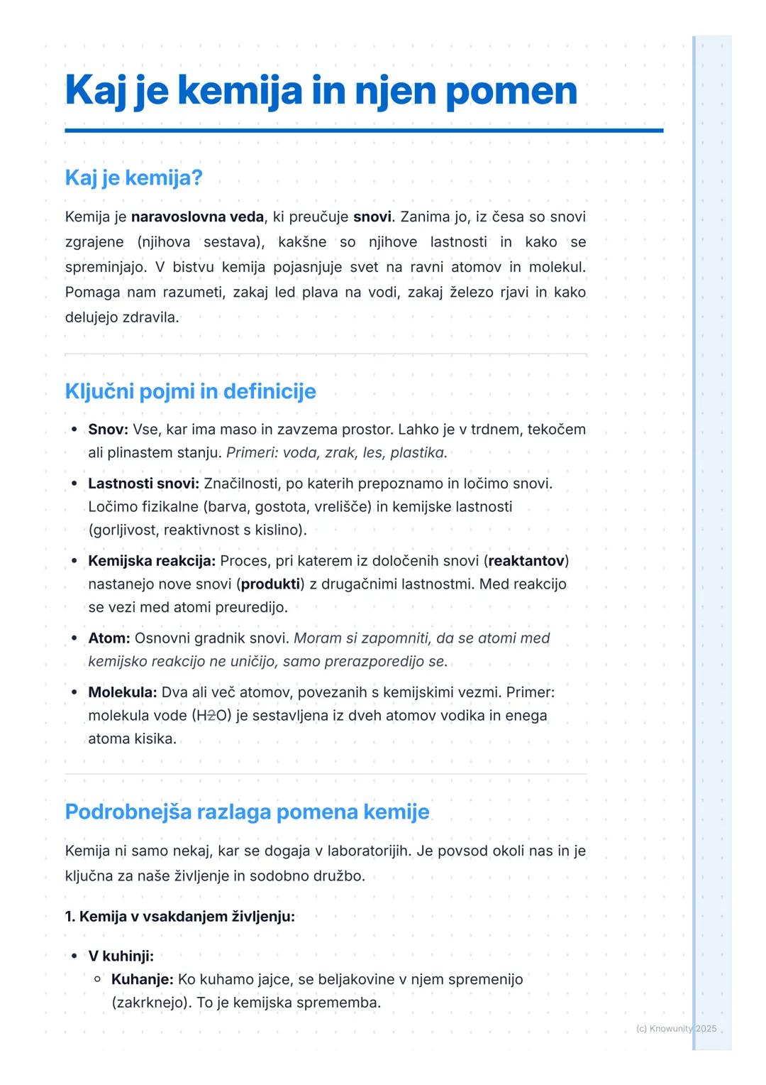 # Kaj je kemija in njen pomen

## Kaj je kemija?

Kemija je naravoslovna veda, ki preučuje snovi. Zanima jo, iz česa so snovi
zgrajene (njih