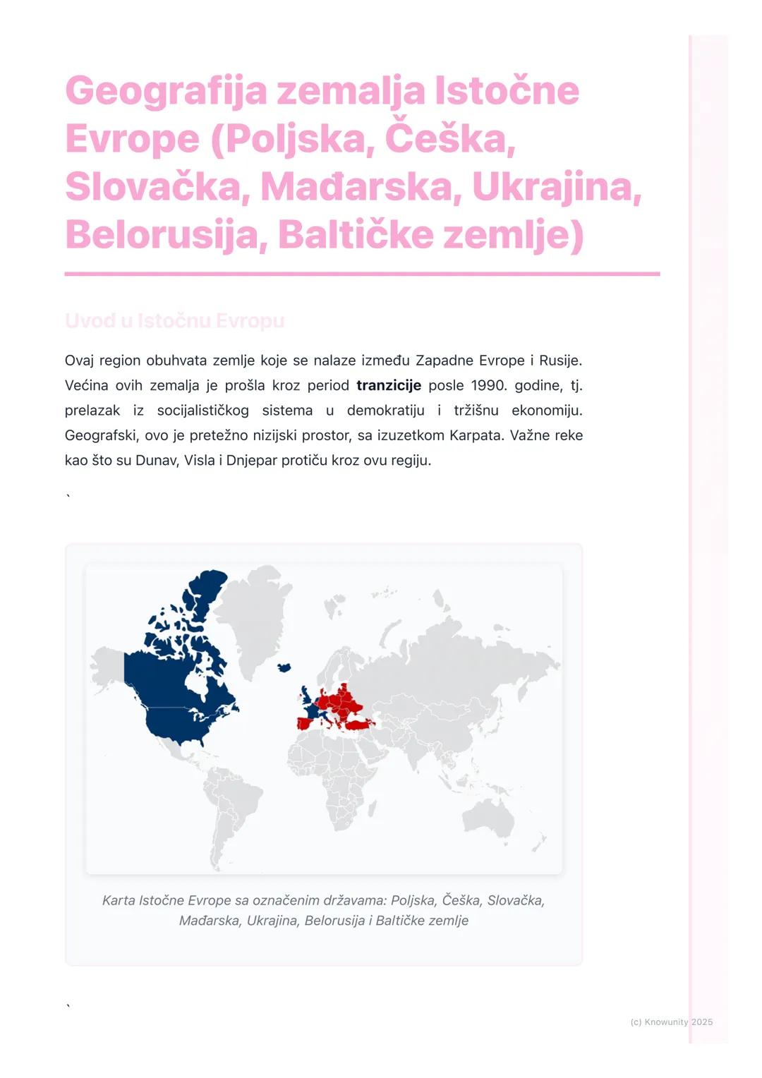 # Geografija zemalja Istočne
Evrope (Poljska, Češka,
Slovačka, Mađarska, Ukrajina,
Belorusija, Baltičke zemlje)

Uvod u Istočnu Evropu

Ovaj