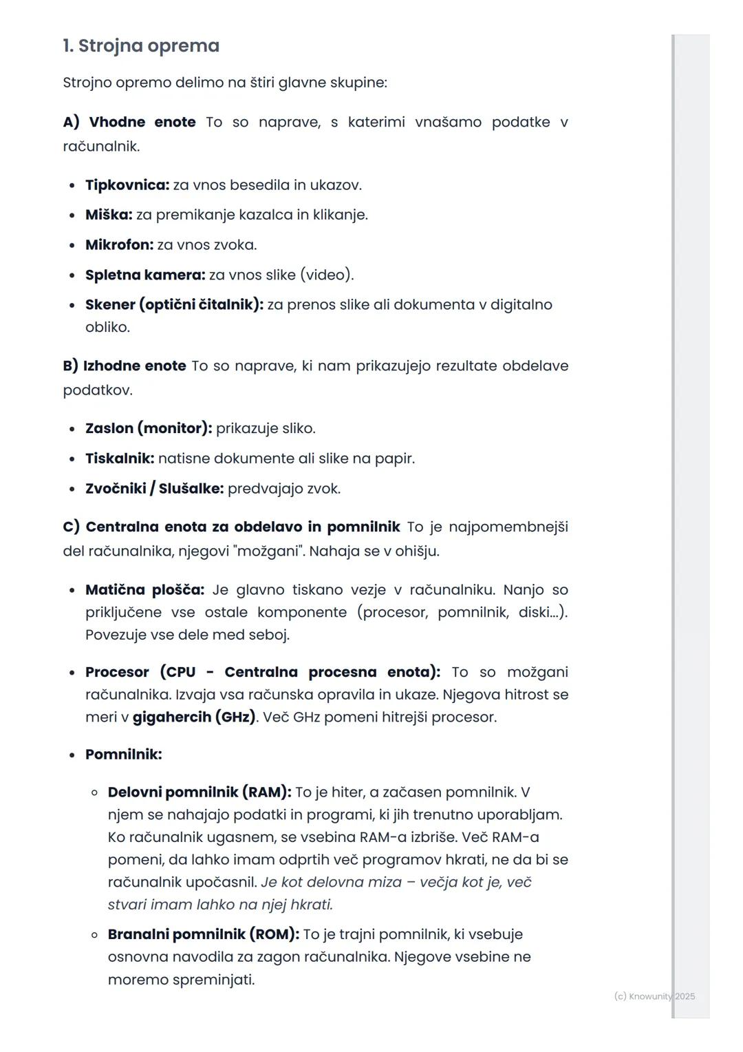 # Računalnik in njegove
komponente

Kaj je računalnik?

Računalnik je elektronska naprava, ki sprejema podatke, jih obdeluje in
nam prikaže 