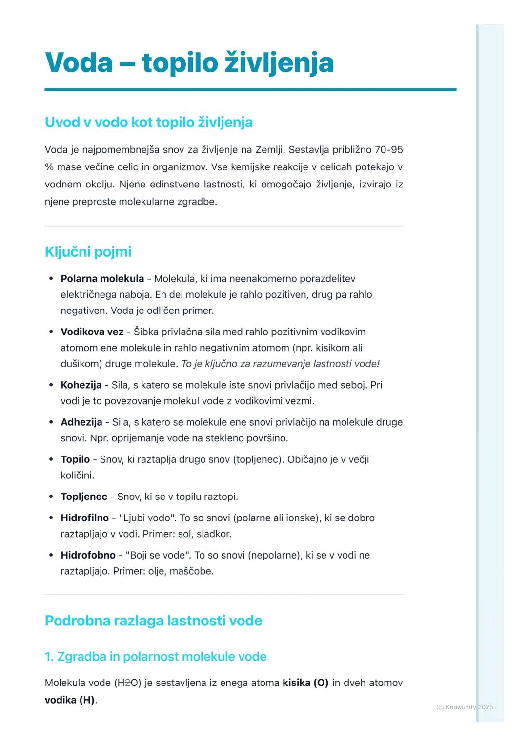 # Voda - topilo življenja

Uvod v vodo kot topilo življenja

Voda je najpomembnejša snov za življenje na Zemlji. Sestavlja približno 70-95
%