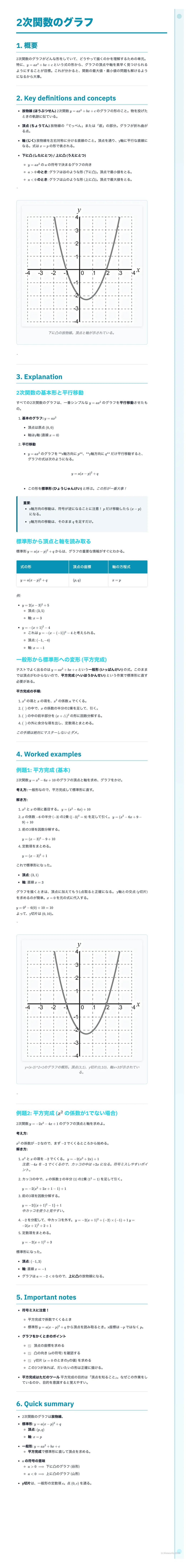 # 2次関数のグラフ

## 1. 概要

*   2次関数 $y = ax^2 + bx + c$ のグラフは放物線となる。
*   放物線のグラフの書き方、グラフから読み取れること、グラフの平行移動について学ぶ。

## 2. Key definitions and conc