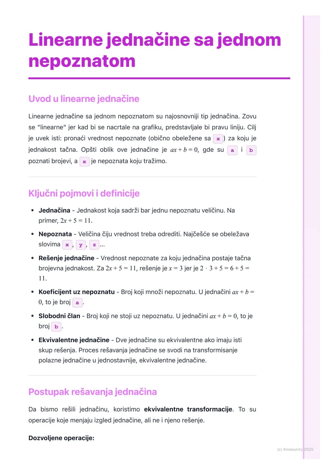 # Linearne jednačine sa jednom
nepoznatom

Uvod u linearne jednačine

Linearne jednačine sa jednom nepoznatom su najosnovniji tip jednačina.