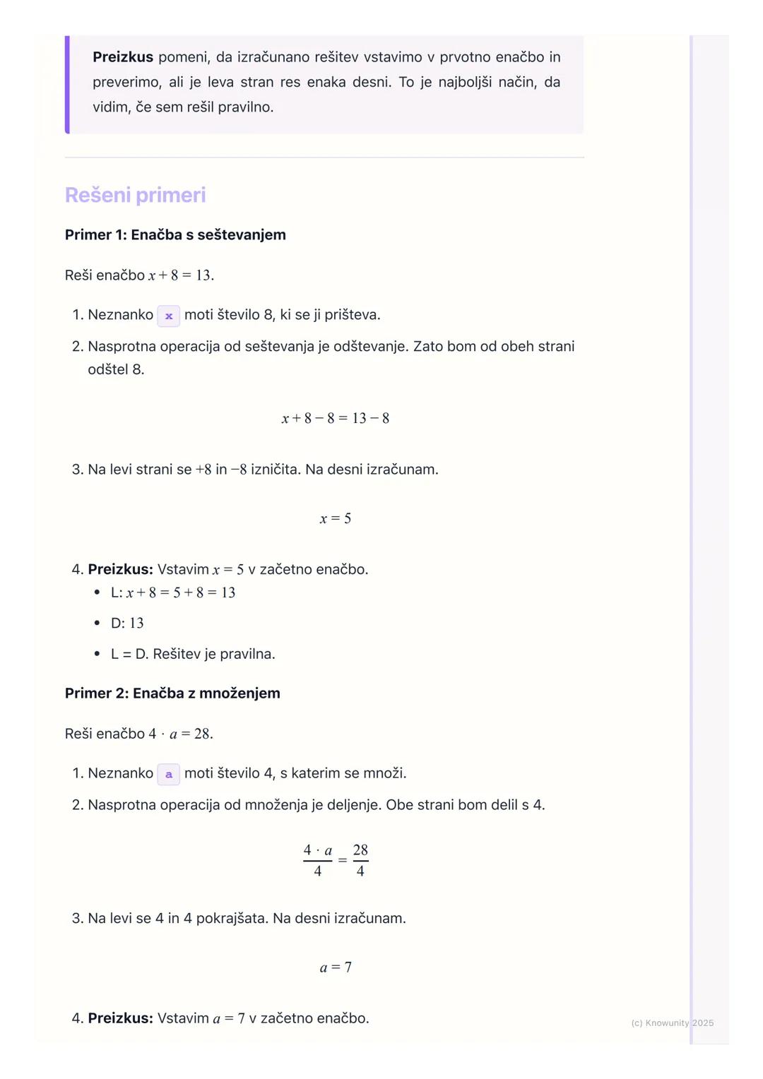 # Enačbe

Kaj so enačbe?

Enačba je zapisana enakost, v kateri nastopa vsaj ena neznana količina, ki jo
poimenujemo neznanka. Naš cilj je, d